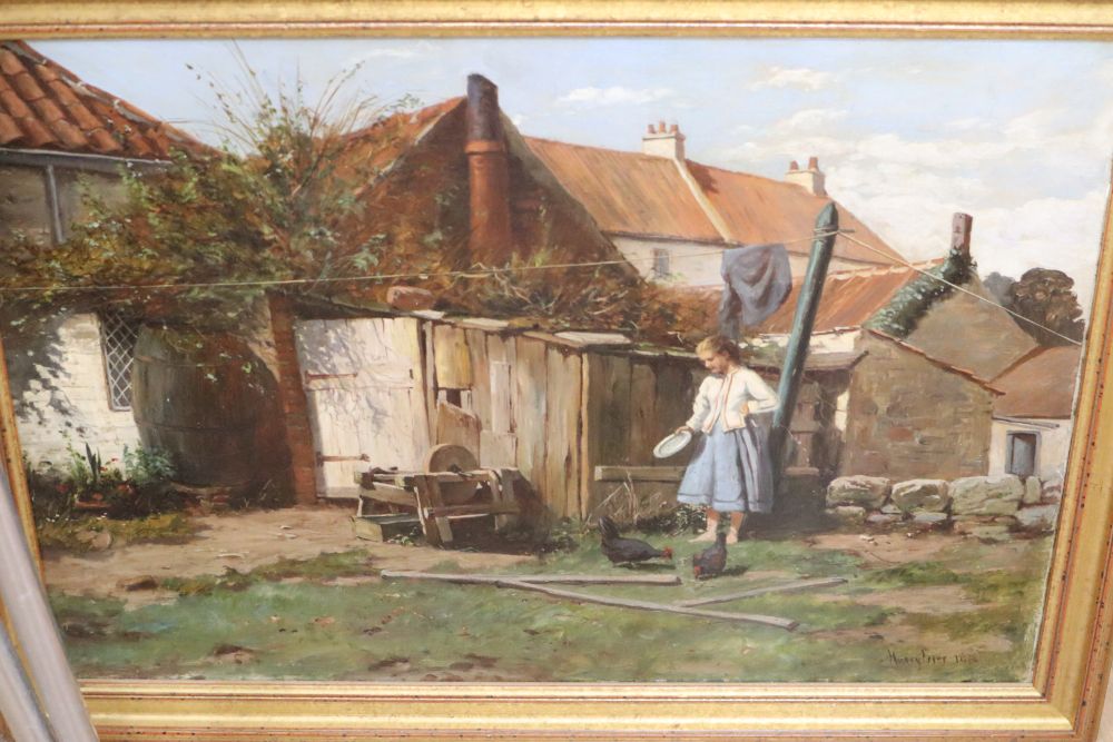 Harry Frier (1849-1921), Farmyard scene with a girl feeding hens, signed and dated 1876